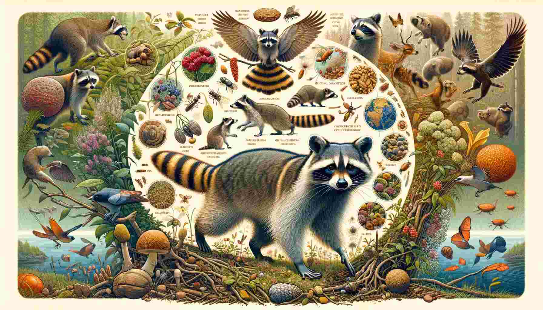 Here is an illustration depicting raccoons as a keystone species in their ecosystem. It visually represents the role of raccoons in maintaining ecological balance, including their impact on food chains and their contribution to seed dispersal. The image shows a raccoon interacting with various elements of the ecosystem, such as preying on small mammals or insects, foraging for fruits and nuts, and inadvertently dispersing seeds. The background includes a diverse range of flora and fauna, illustrating the interconnectedness of the raccoon with different species and the environment, conveying the ecological importance of raccoons.