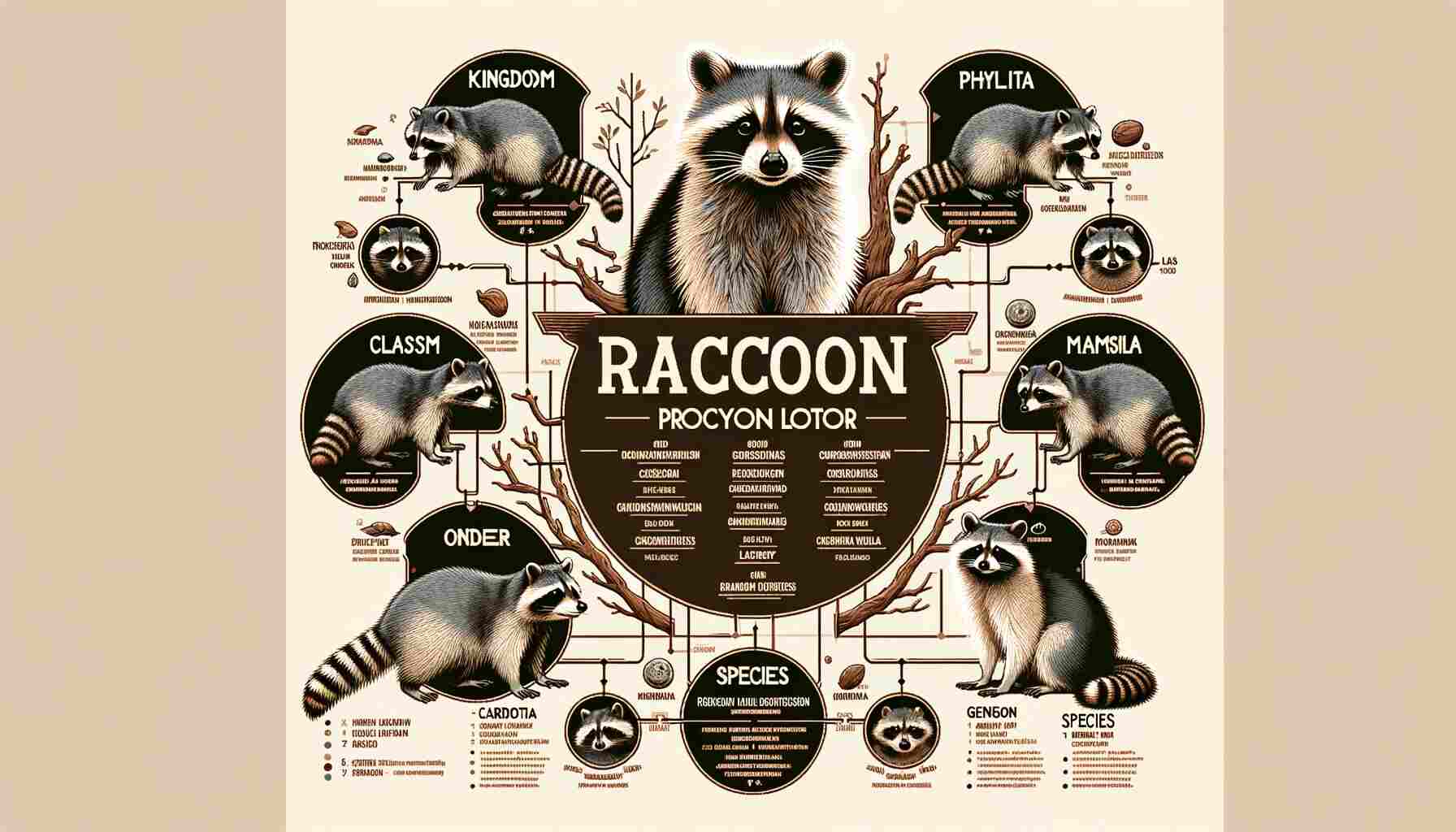 Here is the diagram or infographic detailing the taxonomic classification of raccoons, from Kingdom to Species. This educational visual clearly labels each level of classification, providing a concise and informative overview of the scientific categorization of the raccoon (Procyon lotor).