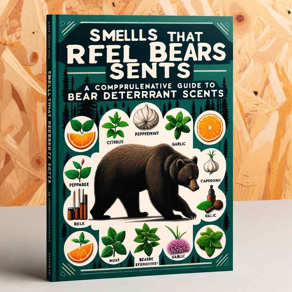 'Smells That Repel Bears: A Comprehensive Guide to Bear Deterrent Scents'. It features illustrations of natural deterrents like citrus, peppermint, and garlic, with a silhouette of a bear recoiling in the background. The setting is a peaceful forest with lush trees and foliage, symbolizing a safe and serene atmosphere for readers looking to learn about bear deterrent strategies.