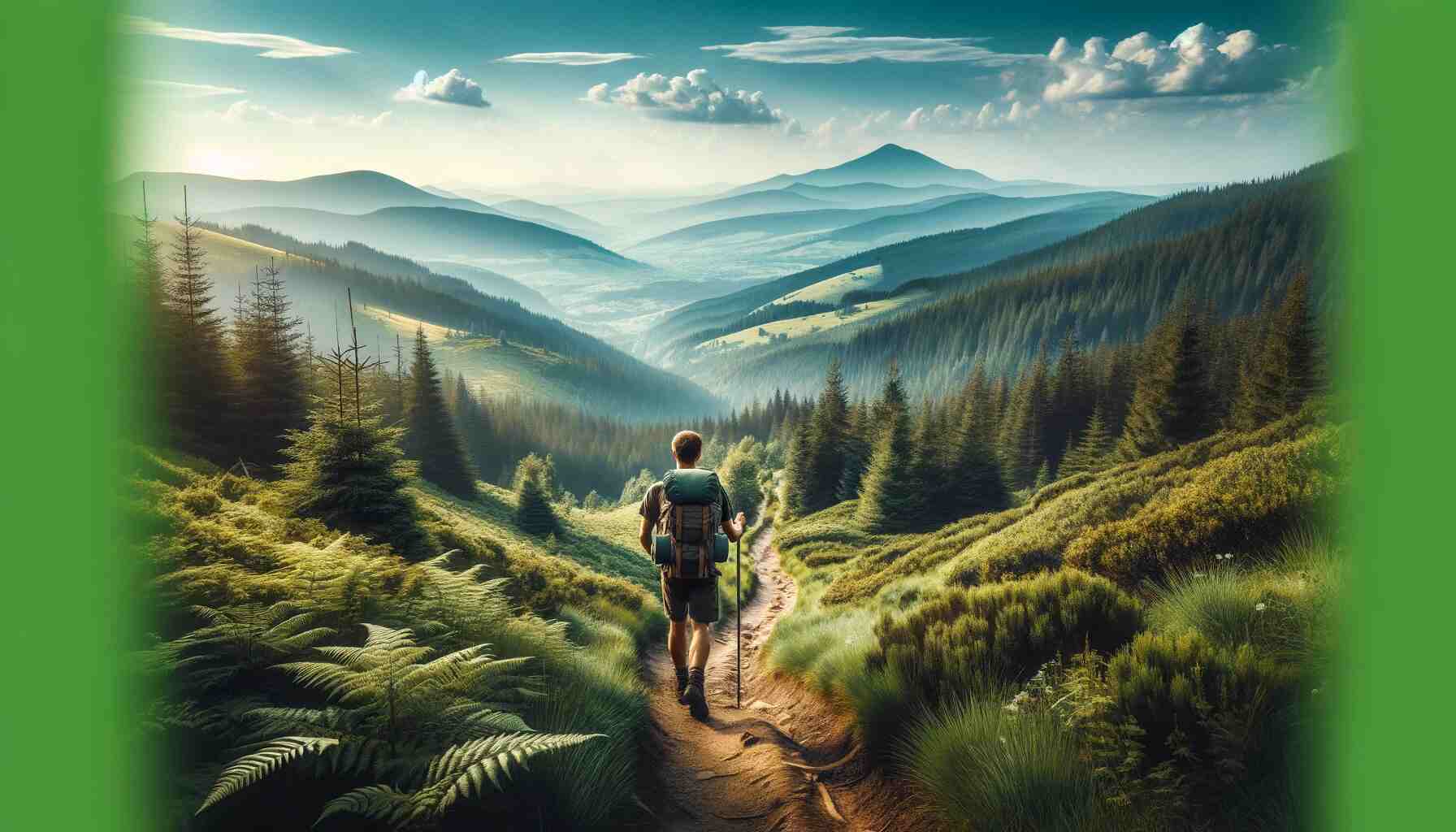 Lone hiker trekking along a scenic trail, surrounded by lush green forests, rolling hills, and a distant mountain range under a clear blue sky, symbolizing peace, adventure, and a connection with nature.
