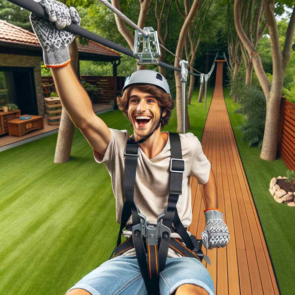 Here's an image depicting "Step 10: Enjoy" It shows a person joyfully riding the zip line, capturing the fun and exhilaration of enjoying the newly installed feature.