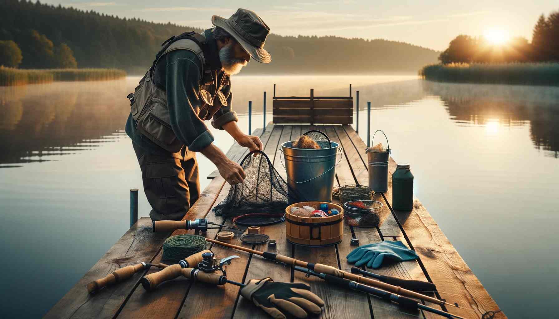 An angler preparing their fishing equipment on a dock beside a calm lake at sunrise.