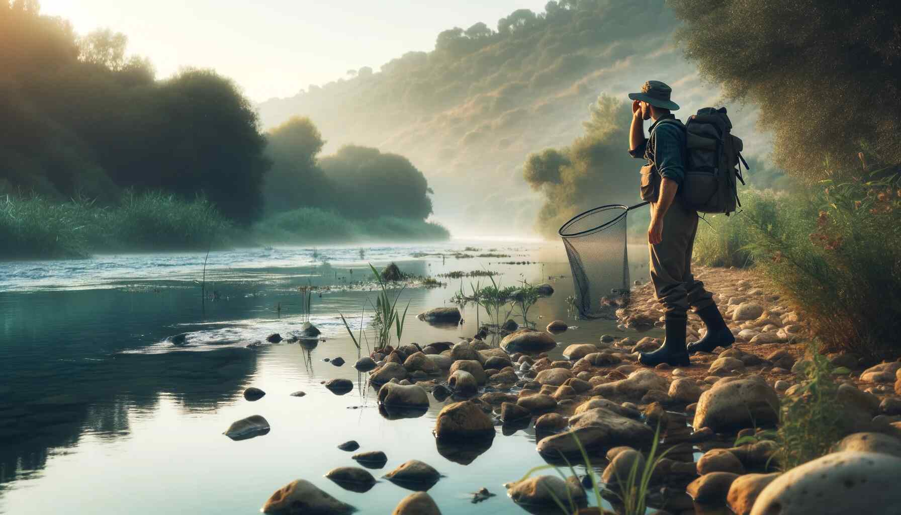 An angler scouting along a serene riverbank for the perfect fishing location.