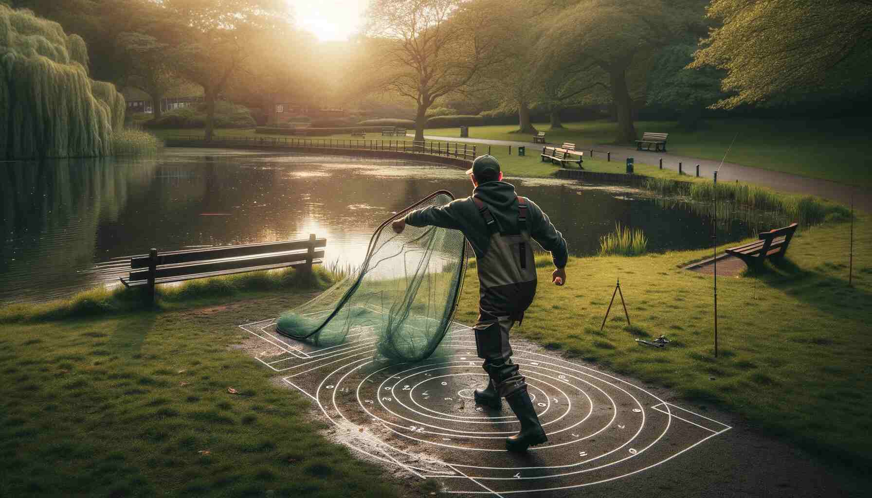 An angler practicing their cast net throwing technique in a peaceful park setting near a lake.