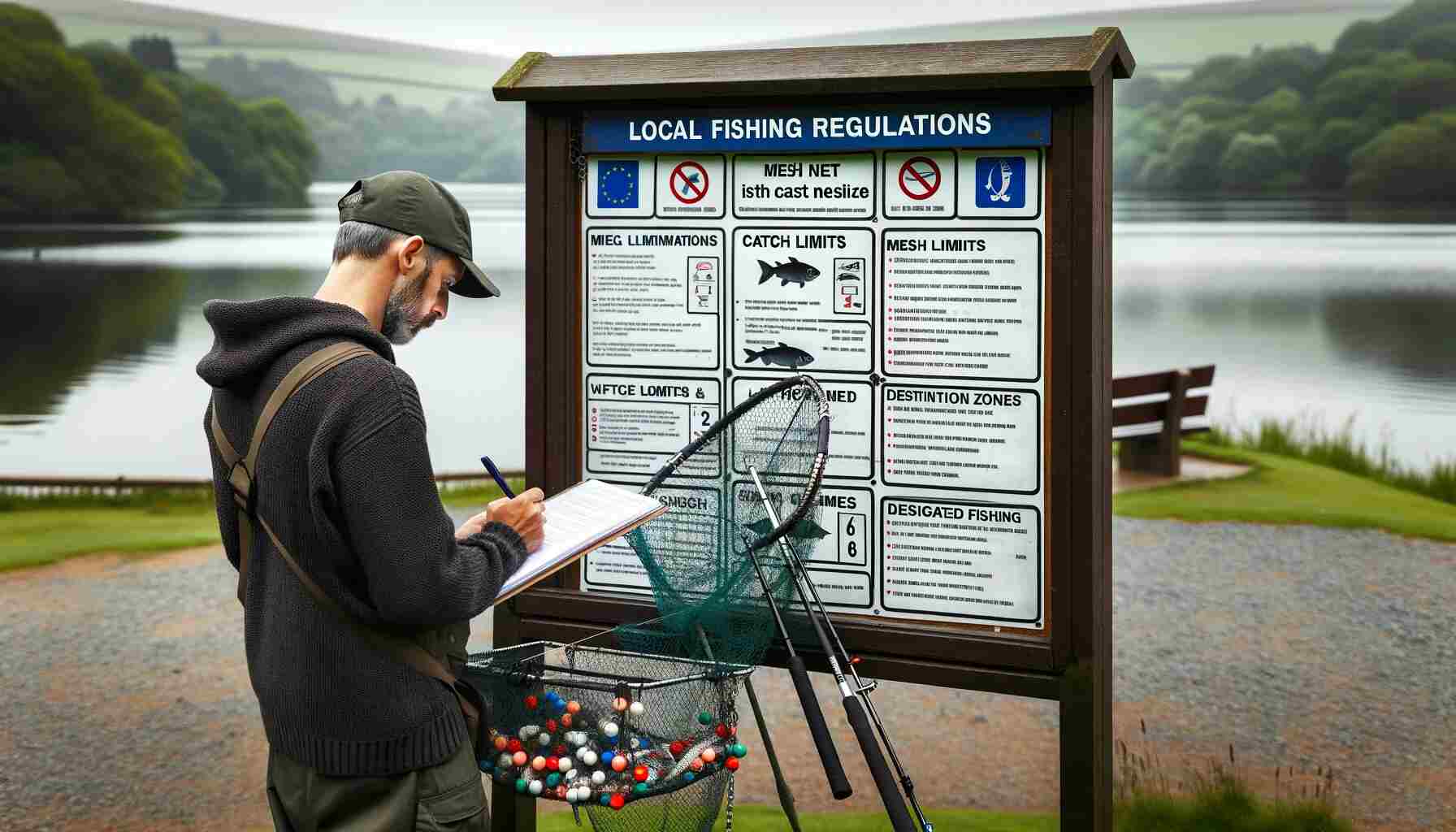 An angler reviewing local fishing regulations and guidelines at a lakeside information board.
