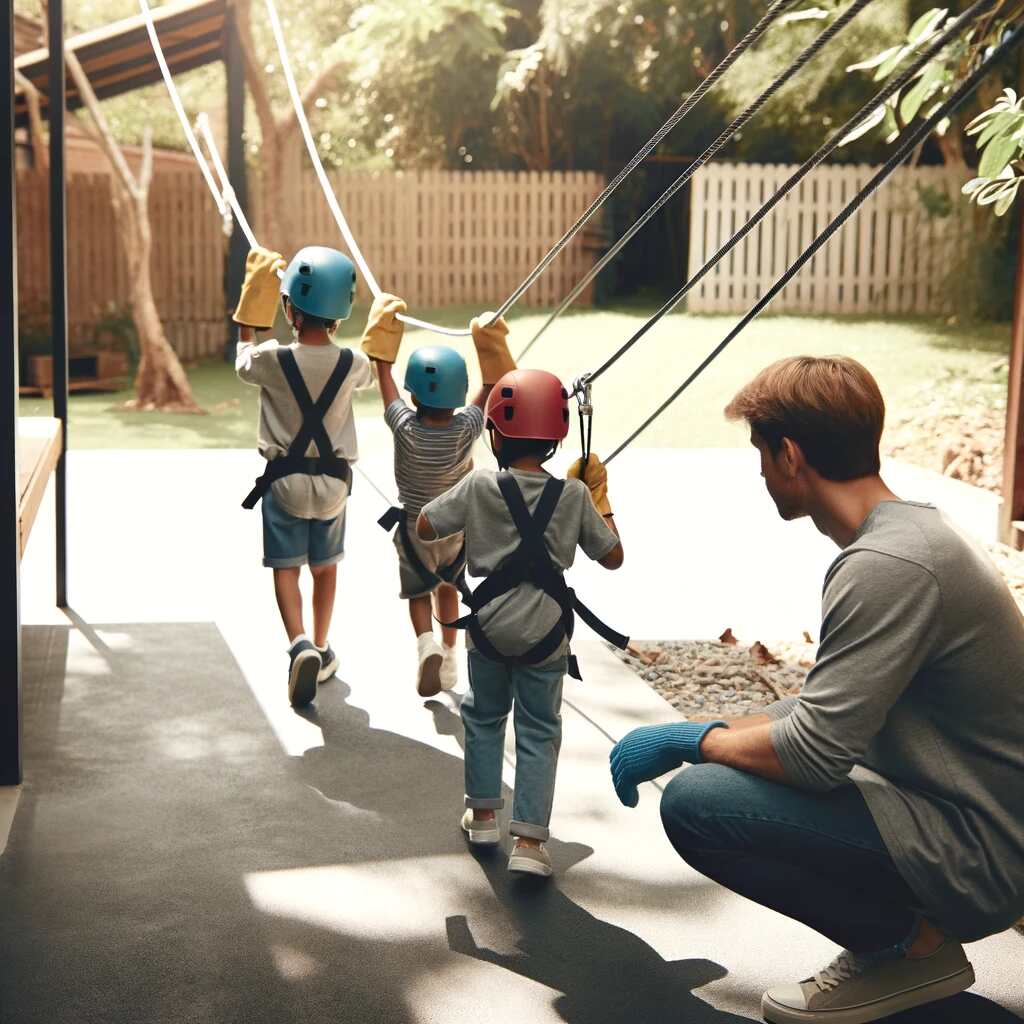 Supervising Children: An adult is supervising children as they take turns riding the zip line, focusing on safety and enjoyment.