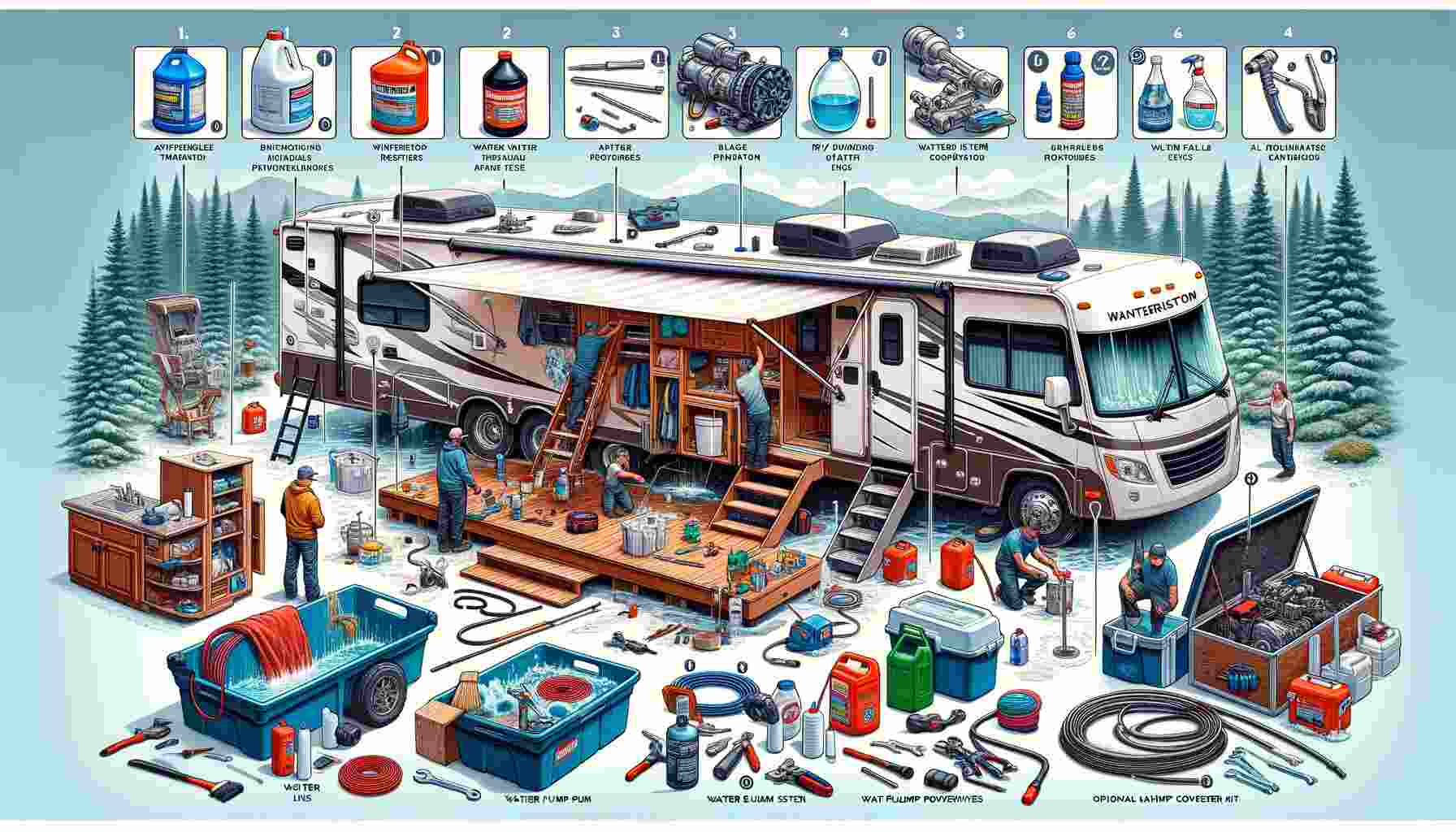 Here is an illustration showcasing the step-by-step process of winterizing an RV trailer. The image is divided into five sections, each representing a different step of the process: gathering necessary supplies, exterior preparations, interior preparations, protecting the plumbing system, and storing the RV trailer. Each section is clearly labeled and visually distinct to represent each step.