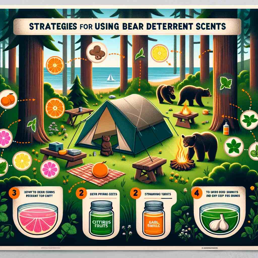An educational poster illustrating 'Strategies for Using Bear Deterrent Scents' in a forest setting. It depicts various natural scents like citrus fruits, peppermint, and garlic, positioned around a campsite with a tent and camping gear. Visual instructions with arrows and diagrams indicate how to place these scents to repel bears effectively. The background is a serene forest clearing, highlighting a safe and natural environment.