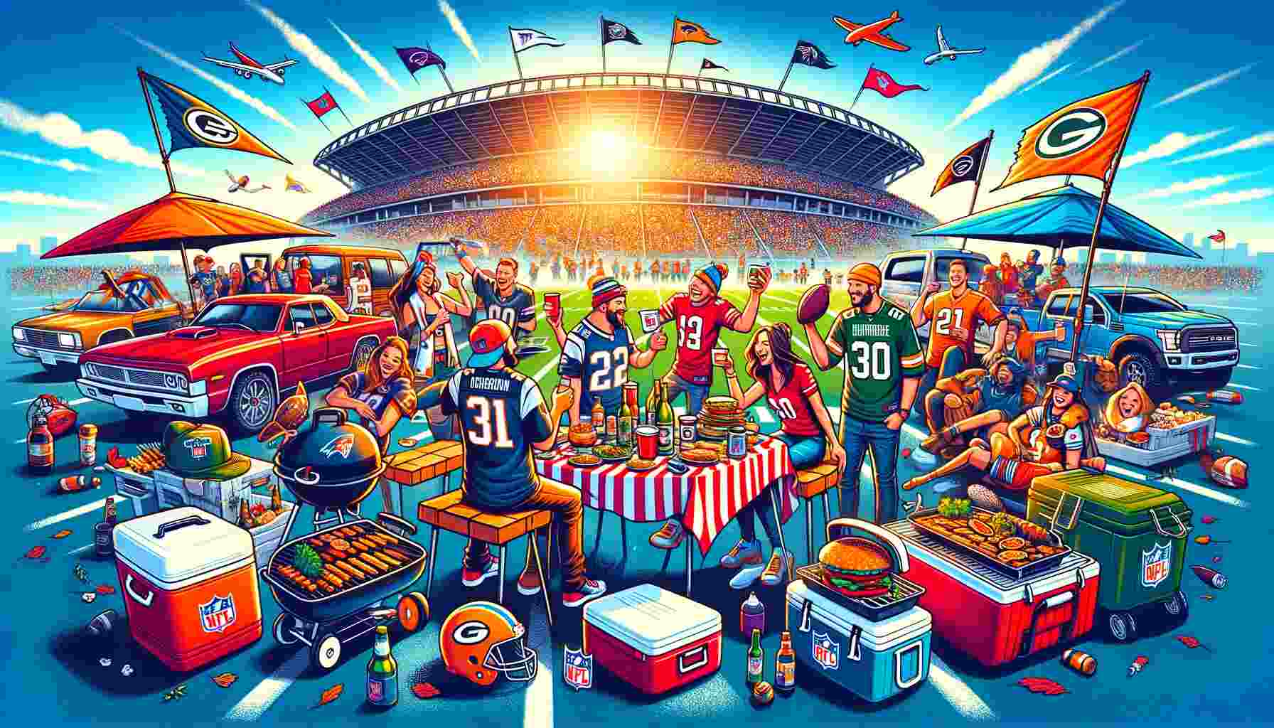 Here is the featured image for "Tailgate Like a Pro: The Ultimate Guide to NFL-Themed Outdoor Gear," capturing the spirit of an NFL tailgate party with friends, NFL-themed gear, and a festive atmosphere.