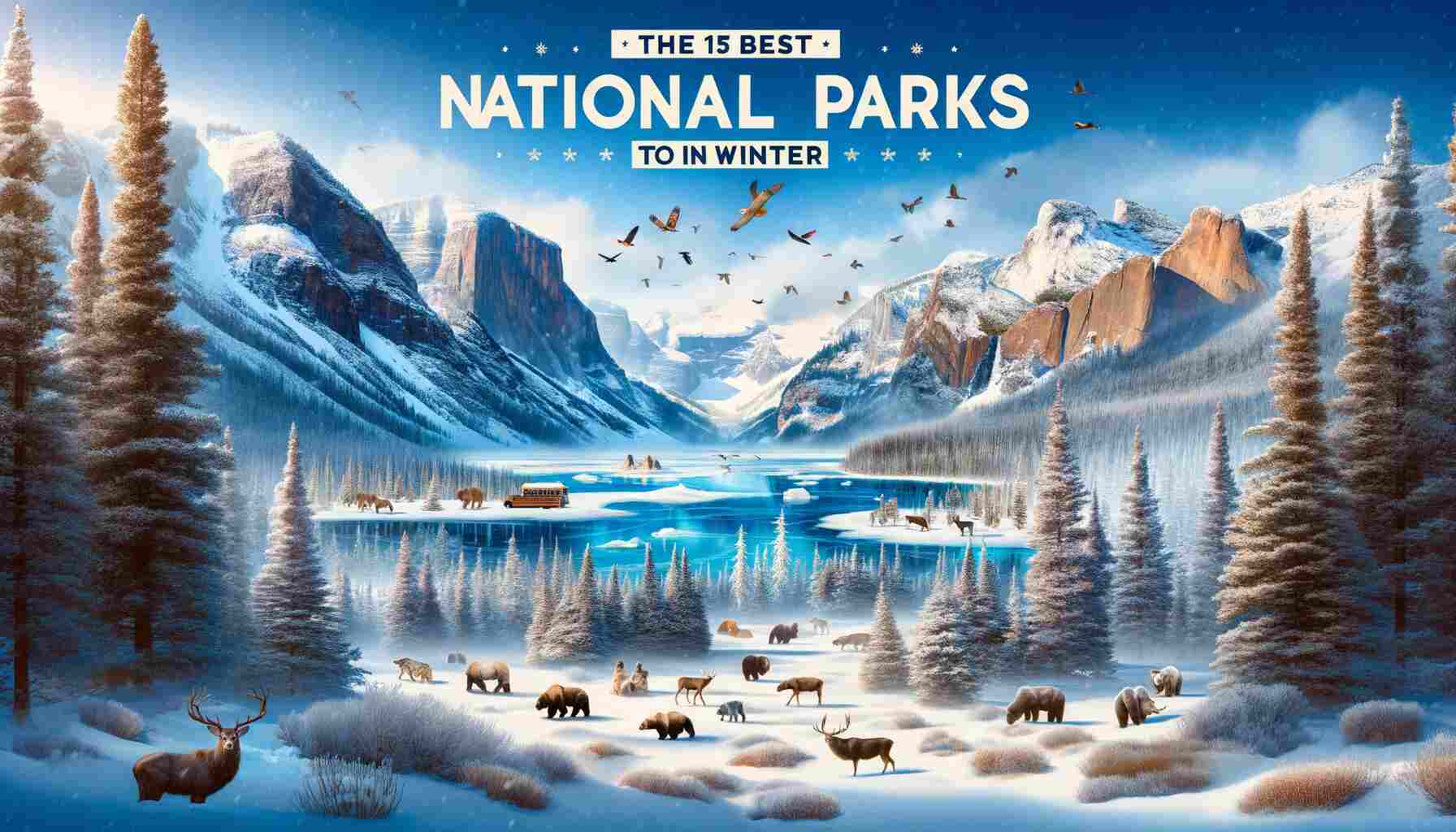 A panoramic winter landscape showcasing a montage of 15 national parks, each uniquely represented with snow-covered landmarks like mountains, frozen lakes, forests, and wildlife. The title "The 15 Best National Parks to Visit in Winter" is elegantly inscribed in the sky above the scenic snowy vista.
