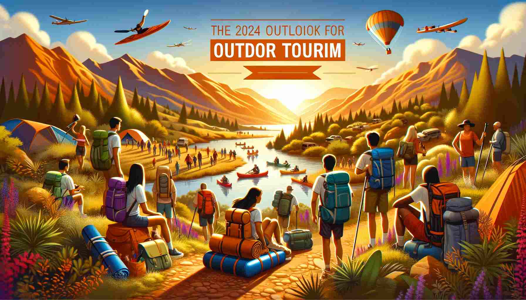 An image depicting the outlook for outdoor tourism in 2024, featuring a group of diverse tourists of various descents and genders, equipped with backpacks and gear. They are engaged in activities like hiking, camping, and kayaking amidst stunning natural landscapes. The setting sun casts a warm, golden glow, symbolizing a bright and promising future for outdoor tourism.