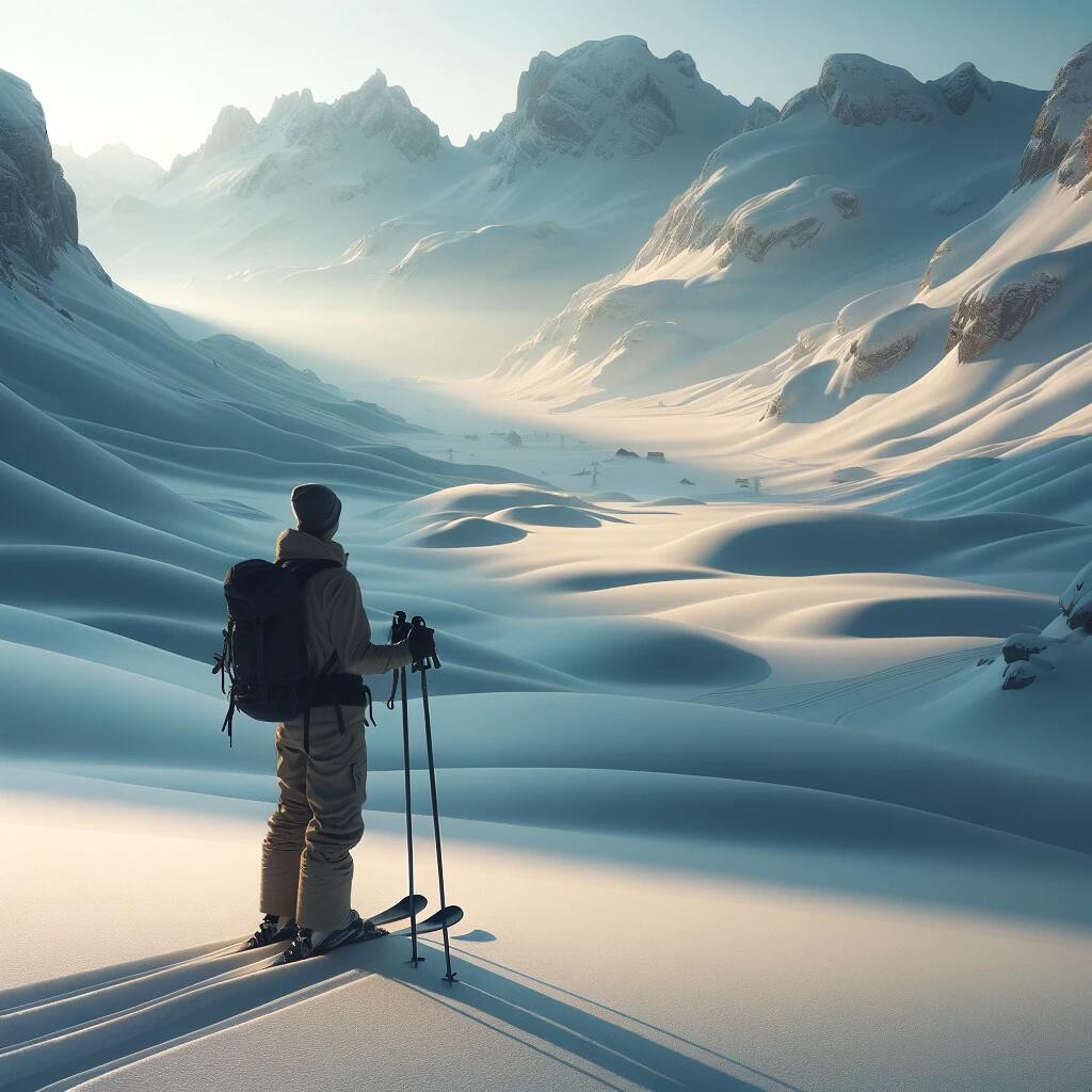 A serene snowy mountain landscape under a soft morning light. In the foreground, an individual gazes contemplatively at the untouched slopes, equipped with backcountry skiing gear, including skis and poles, symbolizing a spiritual connection with nature.