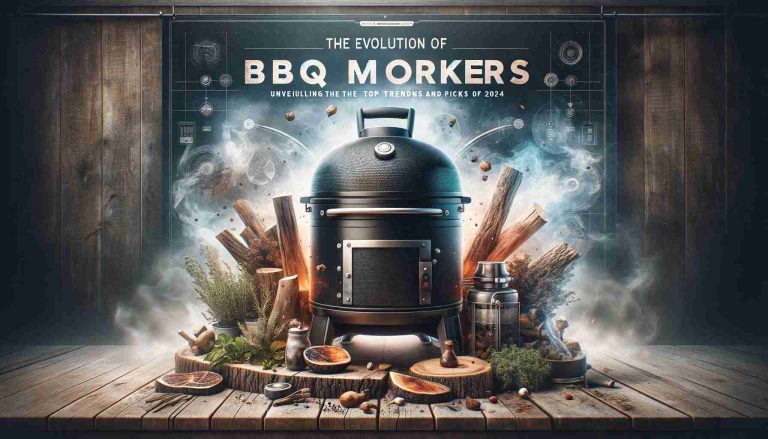 A modern, sleek BBQ smoker with aromatic woods and herbs around it, emitting curls of smoke. The backdrop blends rustic and contemporary elements, symbolizing the evolution of BBQ smokers. The text 'The Evolution of BBQ Smokers: Unveiling the Top Trends and Picks of 2024' is prominently displayed in a stylish font. The setting is outdoors with a futuristic cityscape faintly visible in the distance.