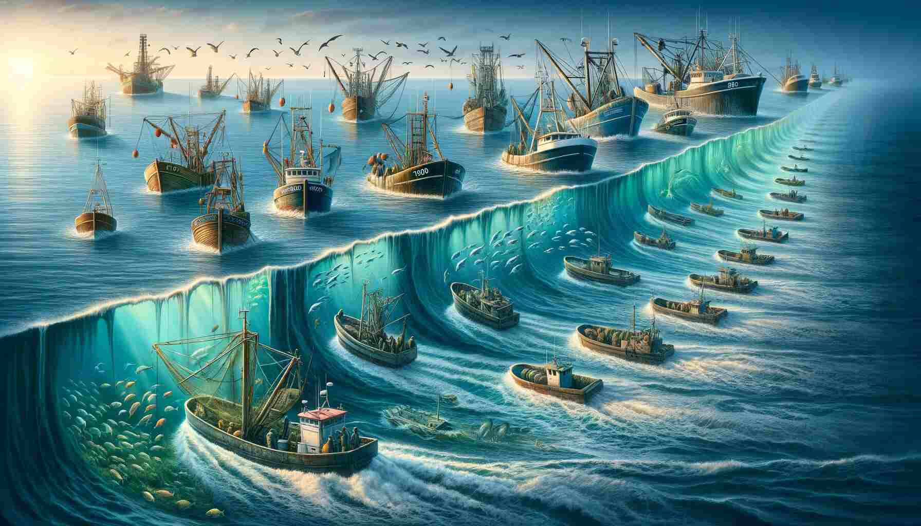 Here is the featured image representing the transformative journey of global fishing from 1950 to 2017. The image vividly captures the evolution of fishing vessels over time and the impact on marine life and ecosystems.
