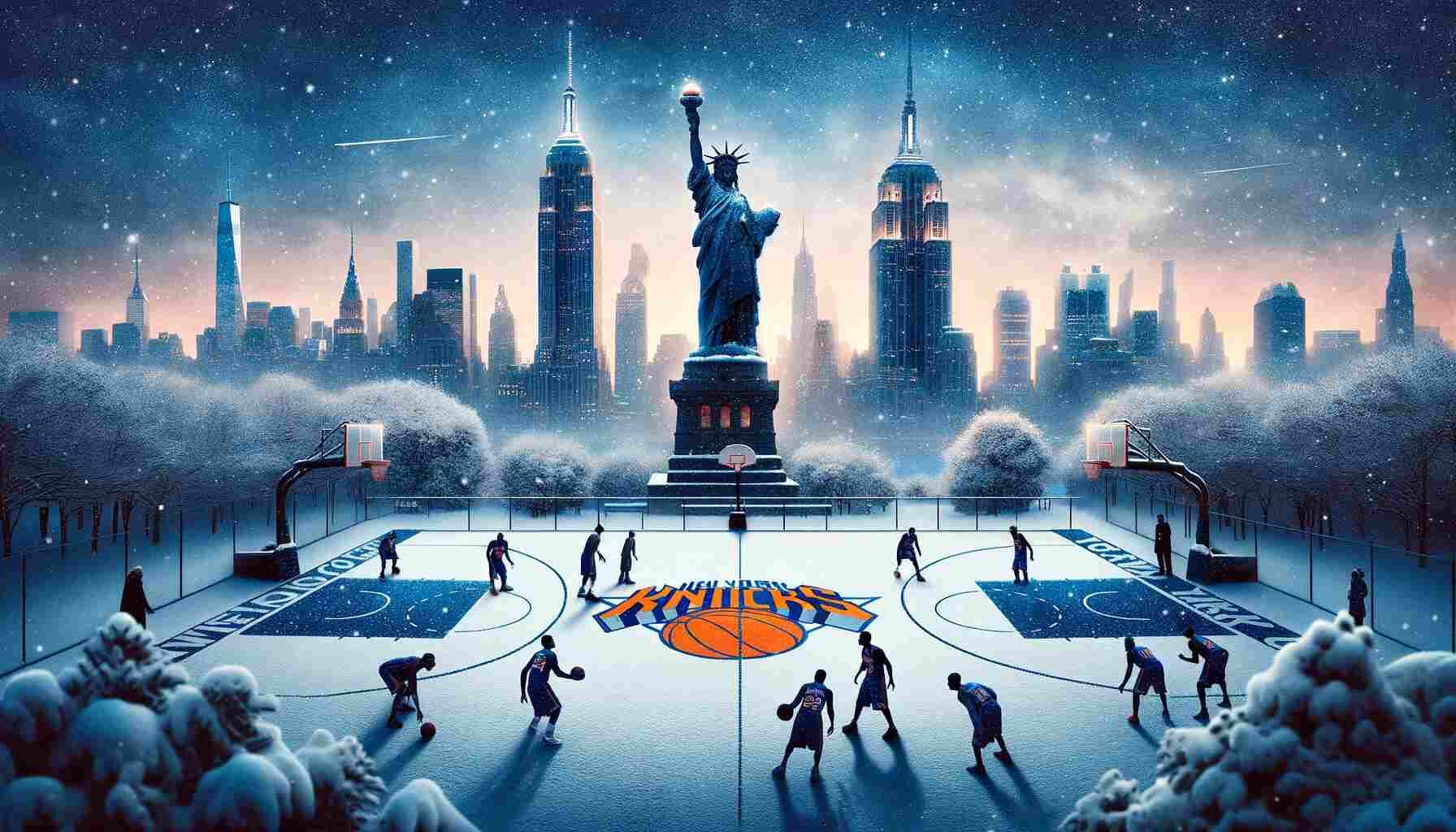 Here is the featured image for The Knicks and New York's Winter Wonderland: Embracing the Cold in the Midst of Trade Talks, showcasing an artistic view of New York City in winter with the essence of the New York Knicks.