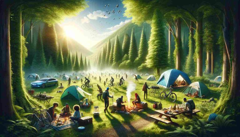 Here is the featured image representing the concept of car-less camping in 2024, focusing on sustainability and an intimate connection with nature. The scene captures the serene and unspoiled camping environment, accessible by public transportation or hiking, and highlights a group of diverse campers engaging in various activities in a peaceful and harmonious setting.