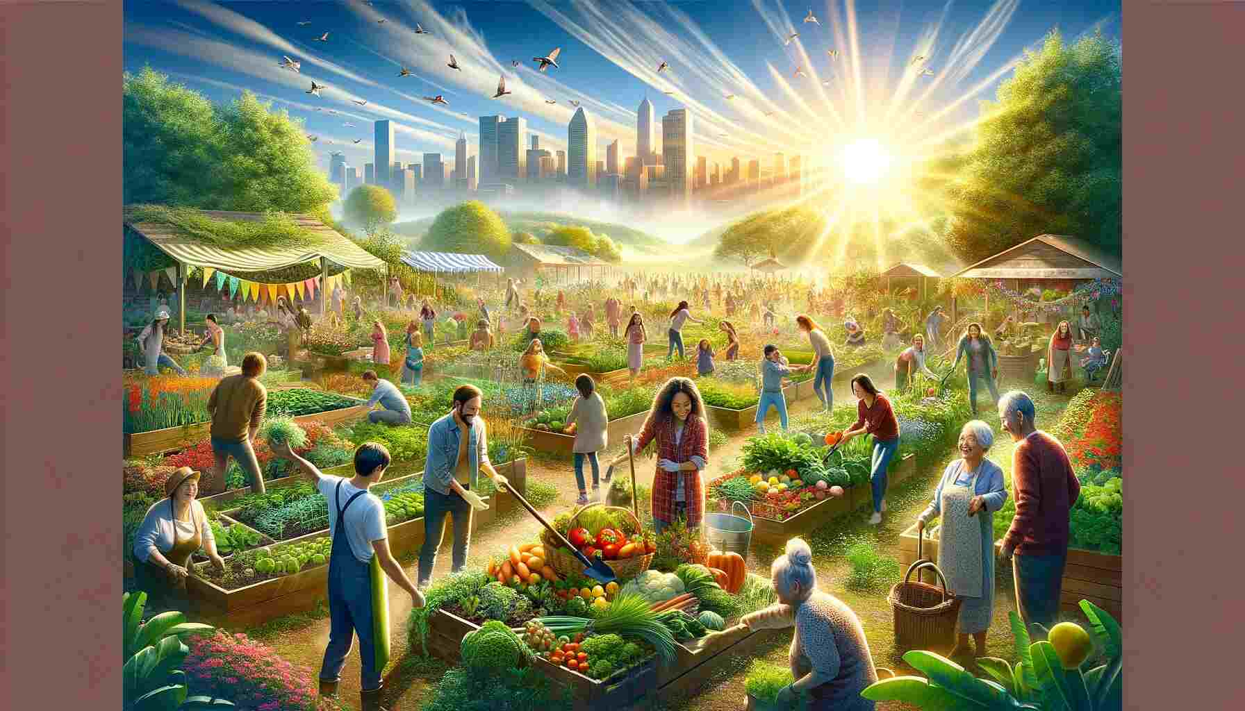 Here is the featured image depicting the rise of volunteer gardening in 2024, showcasing a diverse group of people engaging in gardening activities in a lush, community garden with a blend of urban and natural environments.