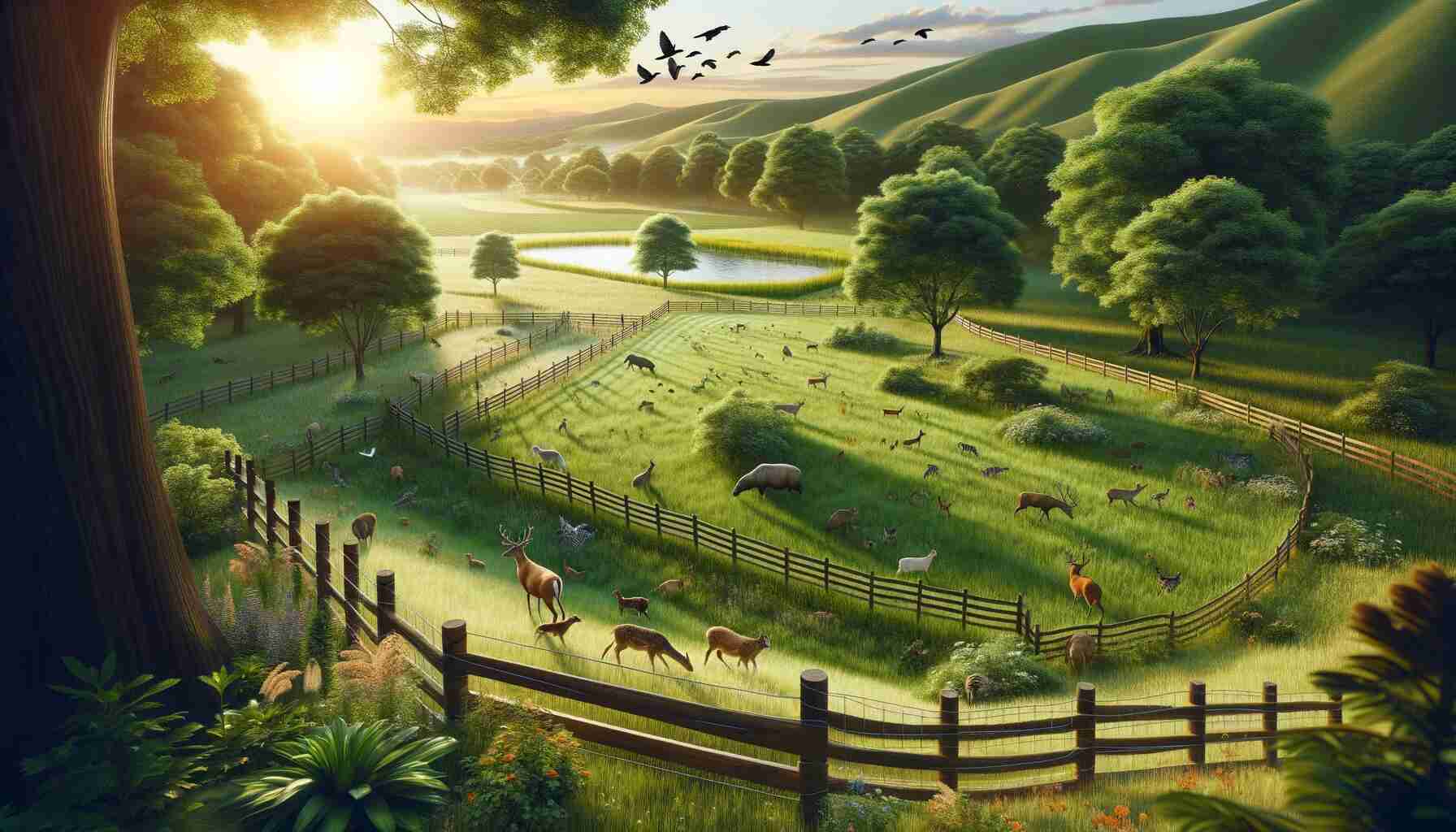 This image depicting the role of private lands in wildlife habitat conservation. It features a serene landscape where lush green fields, a variety of thriving animals, and a well-maintained ecosystem illustrate the harmony between human-managed lands and conservation efforts.
