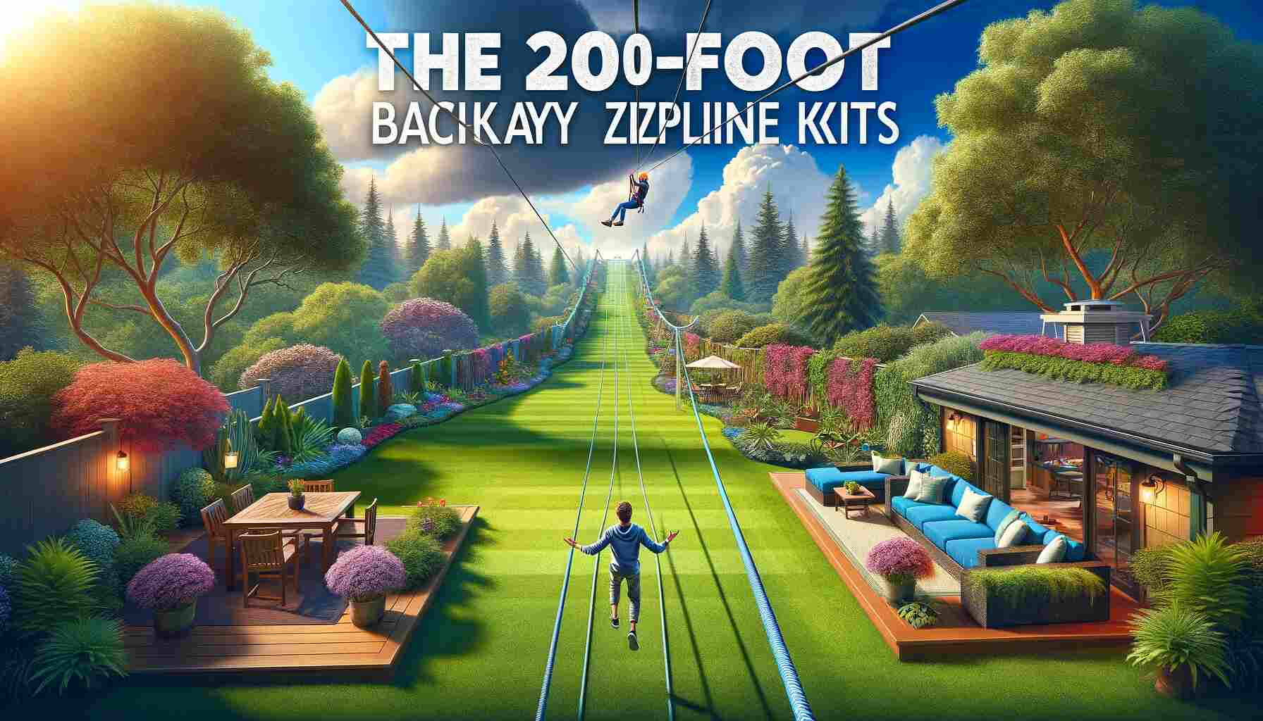 This Featured image is showing an expansive, well-groomed backyard with a 200-foot zipline extending from a tall tree to a lower area. A person is captured mid-ride on the zipline, adding a dynamic sense of fun and action. The lush green lawn is dotted with diverse flowering plants and a cozy seating area, under a vivid blue sky with fluffy clouds, creating an inviting outdoor setting. The title 'The Ultimate Guide to the Best 200-Foot Backyard Zipline Kits' is prominently displayed in large, legible font at the top, enhancing the image's appeal as a guide header.