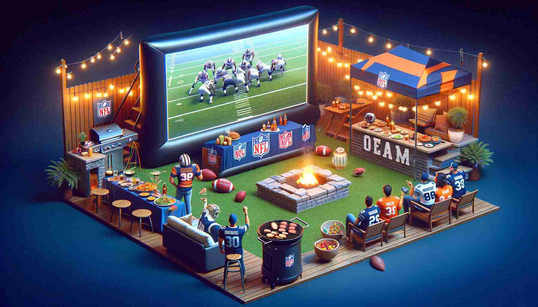 An outdoor NFL playoff party scene with a large inflatable screen showing a football game, people in team jerseys enjoying themselves, a BBQ grill with food, festive string lights, and a cozy fire pit.
