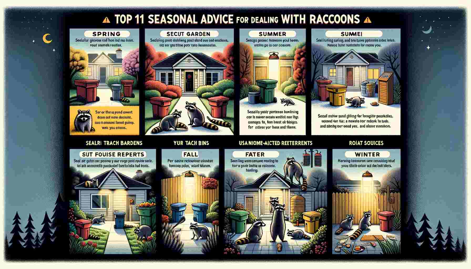 The image presents the 'Top 11 Seasonal Advice for Dealing with Raccoons,' featuring a series of vignettes for each season with specific tips and strategies.