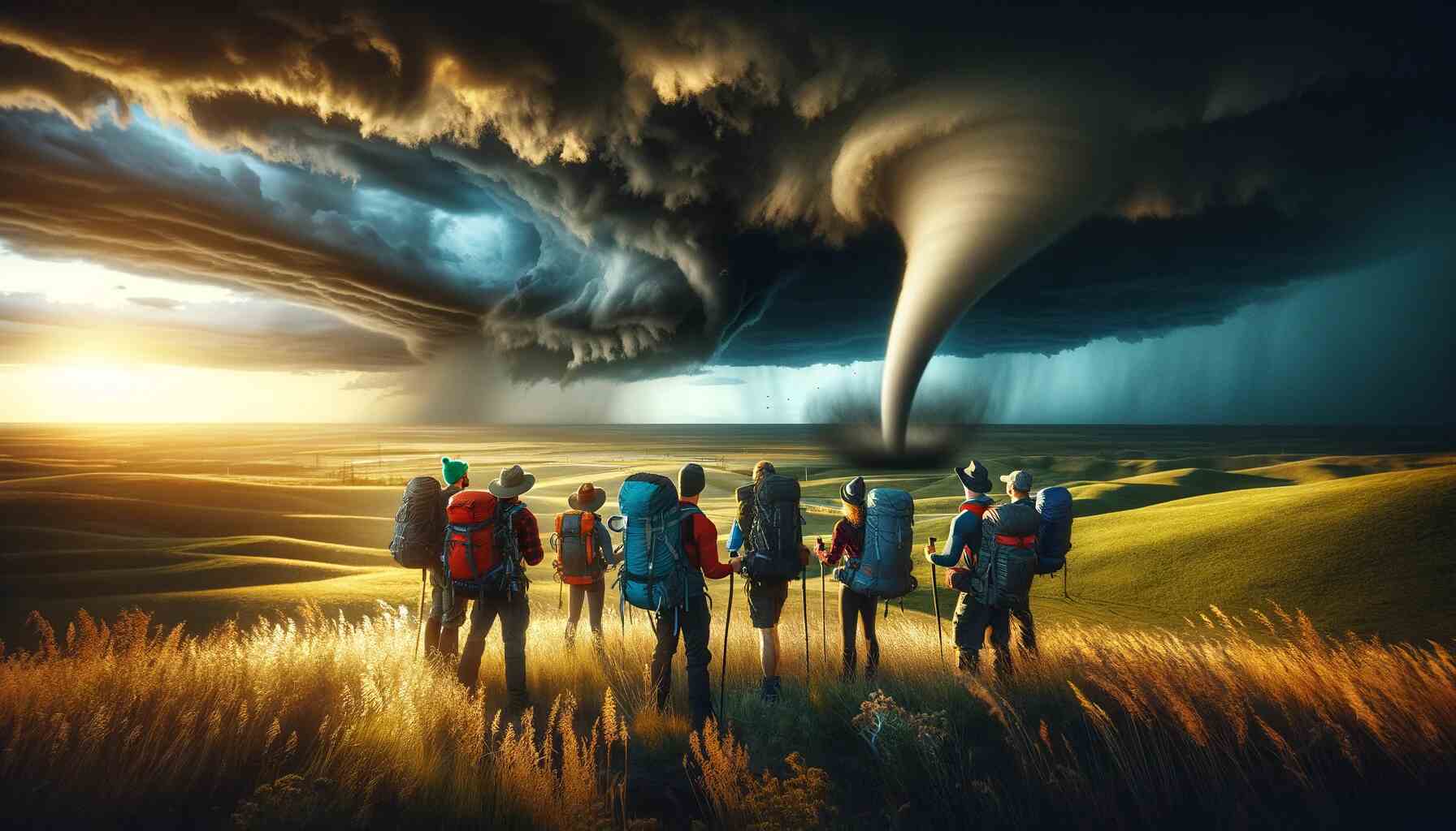 Here is the featured image for "Tornado Safety and Outdoor Adventures: A Must-Read Guide." It visually represents the theme of the guide, showing hikers observing a distant tornado in a dramatic landscape.