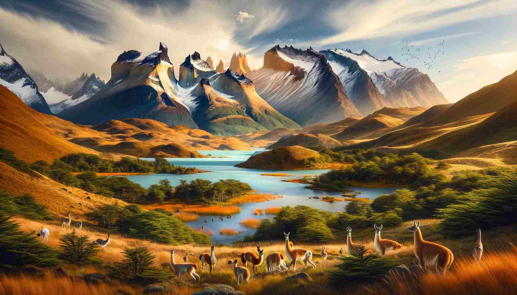 This image depicting the varied landscapes and wildlife of Torres del Paine National Park in Chile, focusing on the iconic peaks and diverse hiking options, is now complete.