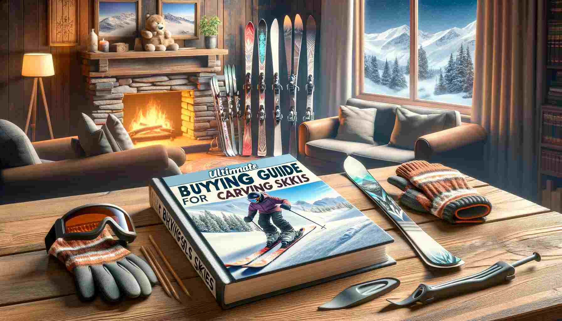Here is the featured image for the "Ultimate Buying Guide for Carving Skis." It depicts an open book surrounded by ski gear in a cozy, ski-themed setting.