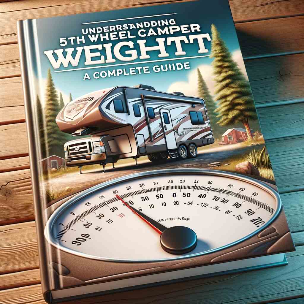 The image depicts a 5th wheel camper parked in a scenic campground surrounded by trees under a clear sky. On the camper's side, a scale with weight numbers is visible. The title is prominently displayed at the top with an emphasis on "Complete Guide," designed to be professional, inviting, and informative for RV travel and safety enthusiasts.