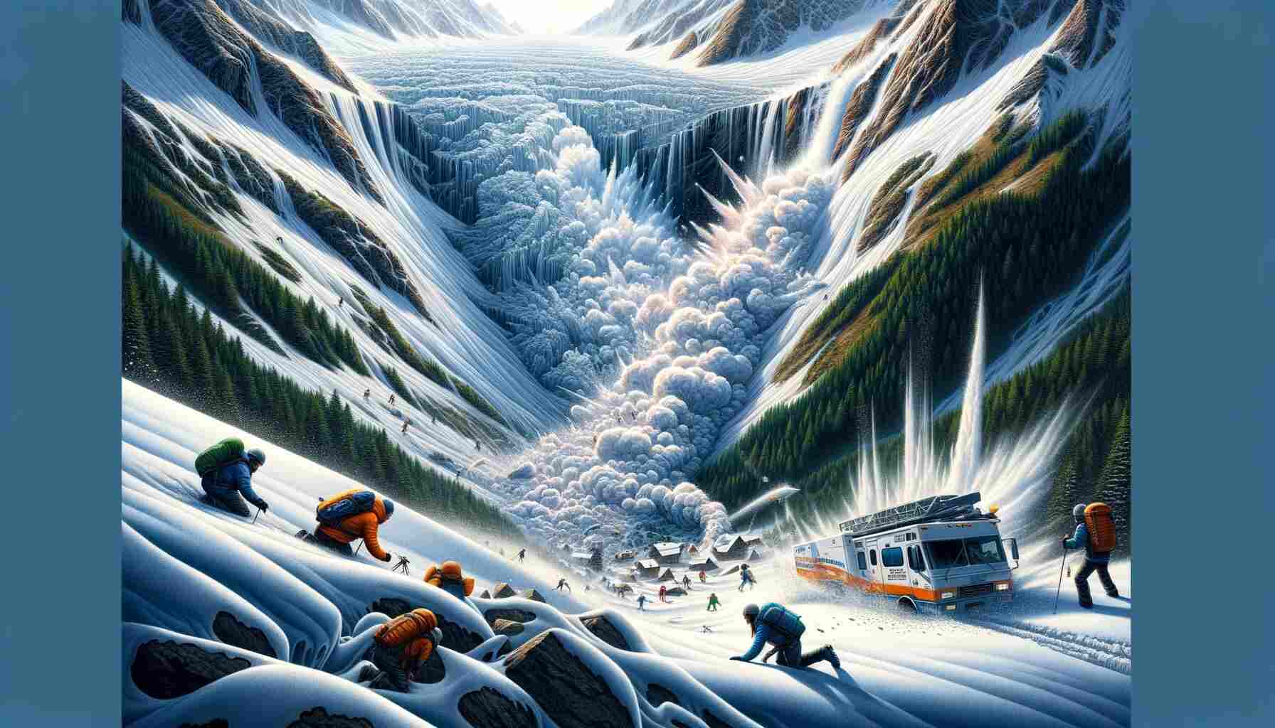 The image depicts a vivid illustration of an avalanche in mountainous terrain, with massive snow and debris cascading down a steep slope. In the foreground, a small group of hikers equipped with safety gear are taking precautions and implementing survival strategies. The scene conveys the power and danger of avalanches, emphasizing the importance of preparedness and knowledge. The title "Understanding Avalanches: Causes, Precautions, and Survival Strategies" is prominently displayed at the top.