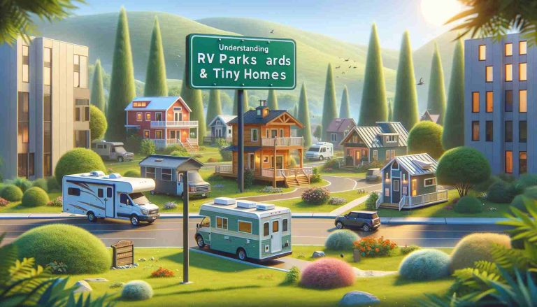 An inviting RV park with modern vehicles and a cluster of diverse tiny homes amidst greenery, under a clear blue sky. A sign in the foreground reads 'Understanding RV Parks and Tiny Homes