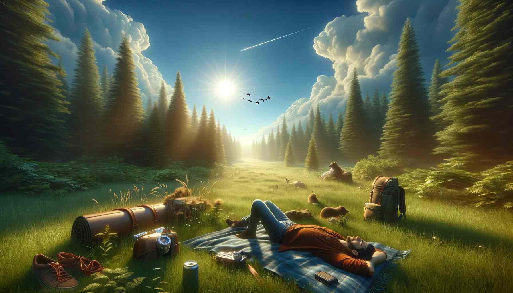 Realistic image of a person lying on a blanket in a lush, grassy field, looking relaxed yet tired, with a backpack, water bottle, and camera nearby, symbolizing an active day spent outdoors. The scene includes a verdant forest and a clear blue sky with the sun shining, reflecting the passage of time and energy expended in nature. The overall atmosphere is serene and natural, emphasizing the rejuvenating yet tiring effects of spending time in the outdoors