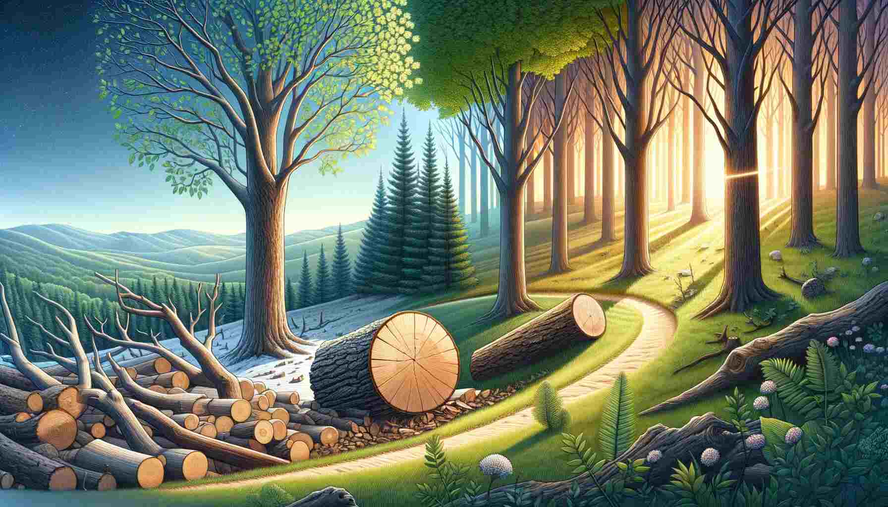 Here is the featured image for the article Understanding Wilting Firewood: A Comprehensive Guide.An illustration depicting the process of wilting firewood in a forest setting. In the foreground, a freshly cut tree with intact leaves lies on the ground, symbolizing the onset of wilting. The background transitions from early spring to late summer, showcasing diverse tree species in a peaceful forest landscape. Sunlight filters through the canopy, highlighting the role of natural elements in drying the wood.