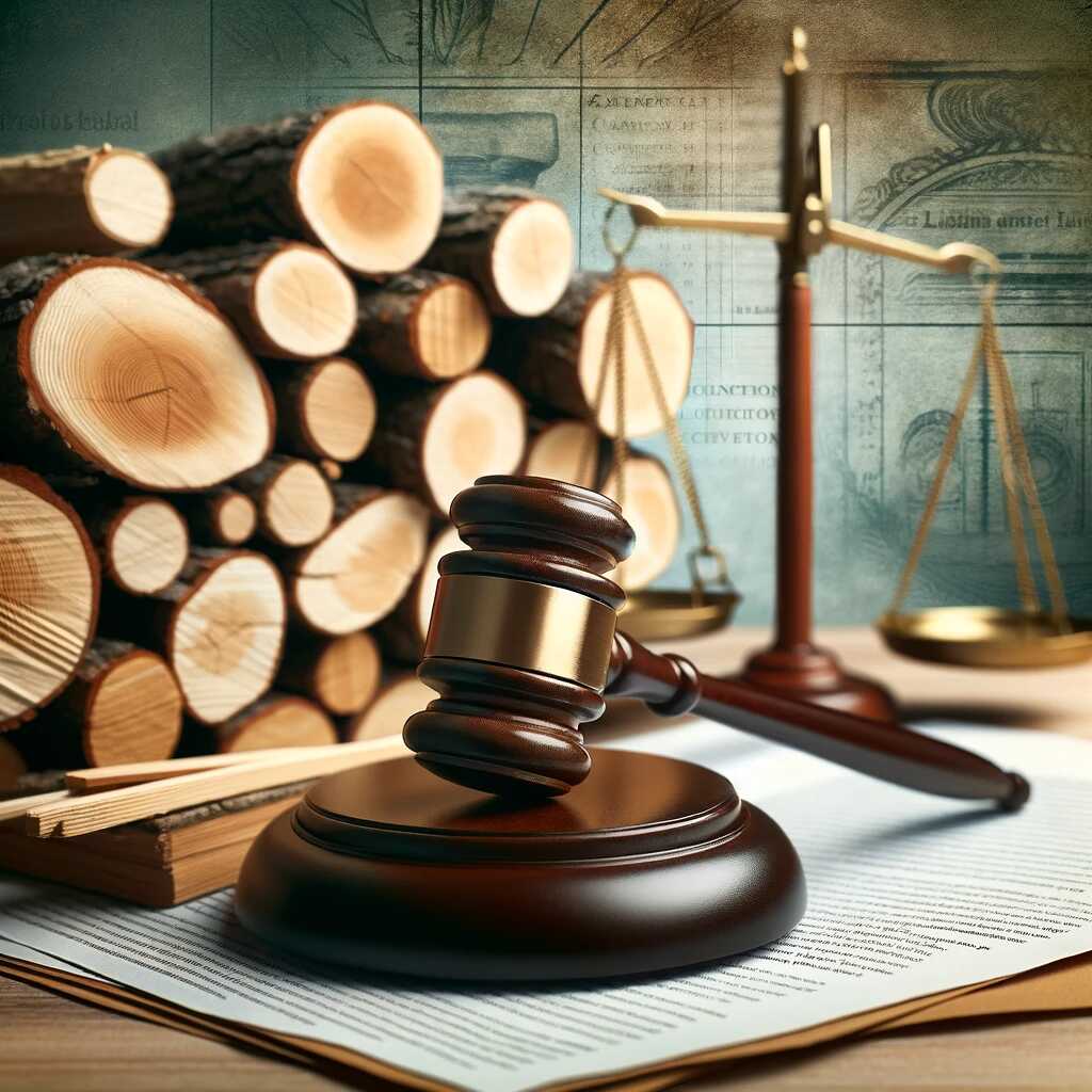An informative feature image for the article Understanding the Legal Regulations for Selling Firewood, showcasing a neatly stacked pile of firewood with a gavel resting on top to symbolize law. In the background, there's a watermark of legal documents and scales of justice, with a color palette of earthy browns, dark greens, and gold, conveying a sense of seriousness and reliability.