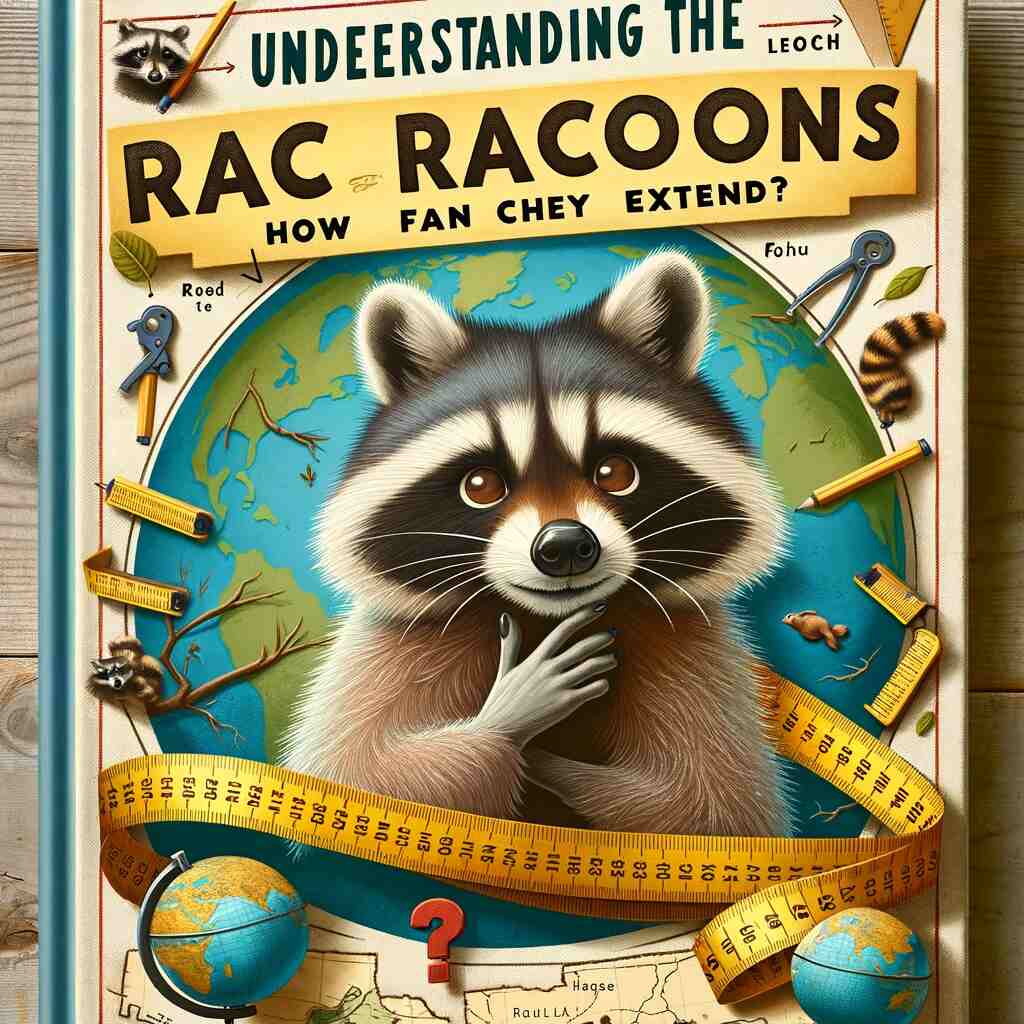 Here is the feature image for "Understanding the Reach of Raccoons: How Far Can They Extend?" showing a cartoon raccoon contemplating its reach amidst measuring tapes and a globe, all set against a map-like background.