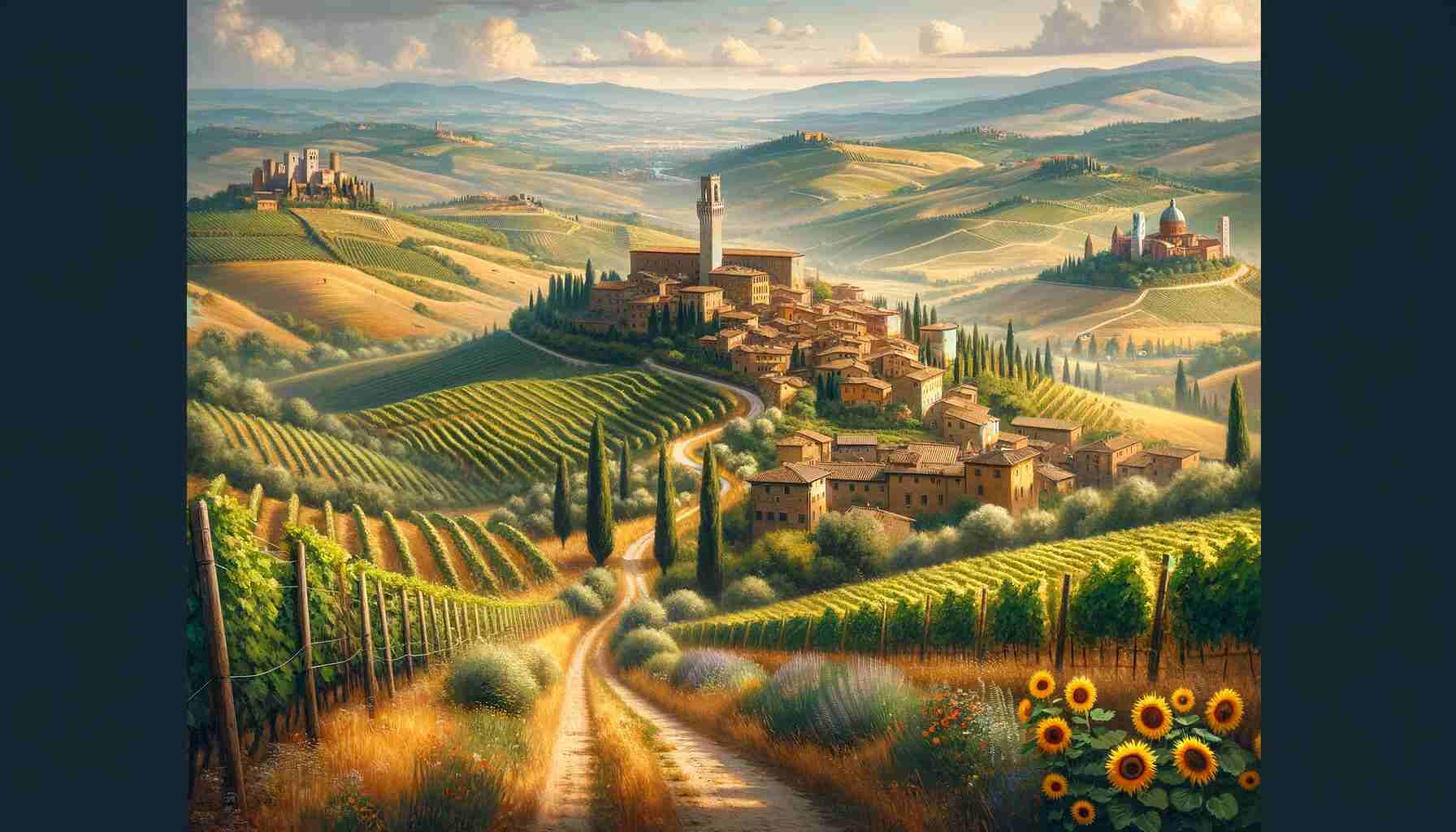Here is the visual image of the Via Francigena trail in Tuscany, Italy, capturing the charming Tuscan landscape with its rolling hills, picturesque towns, and the inviting trail.