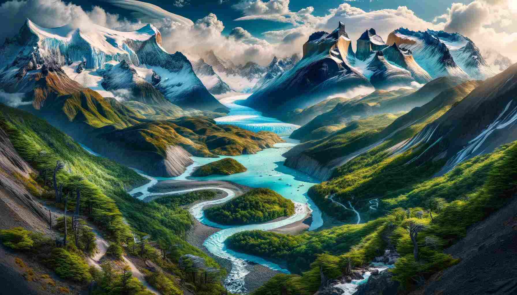 Here is an image depicting the W Trek in Torres del Paine National Park, Chile. It captures the varied landscapes of glaciers, rivers, and lush forests, embodying the essence of this iconic hike.