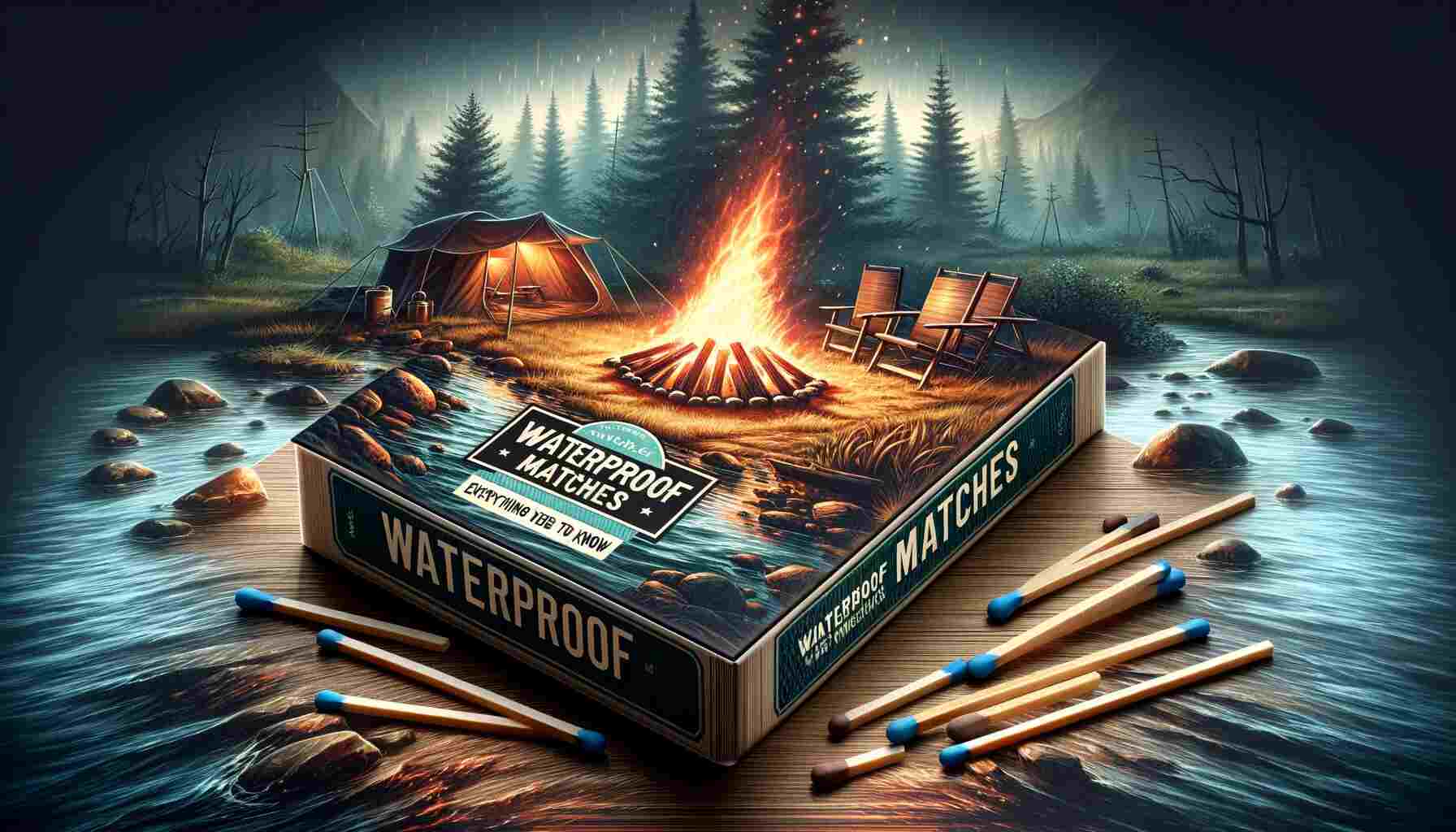 Here is the featured image for the article "Waterproof Matches: Everything You Need to Know." It features a box of waterproof matches set against a rugged, outdoor backdrop, highlighting their utility in wilderness settings. The image also includes elements of a camping environment to emphasize the context in which these matches are used.