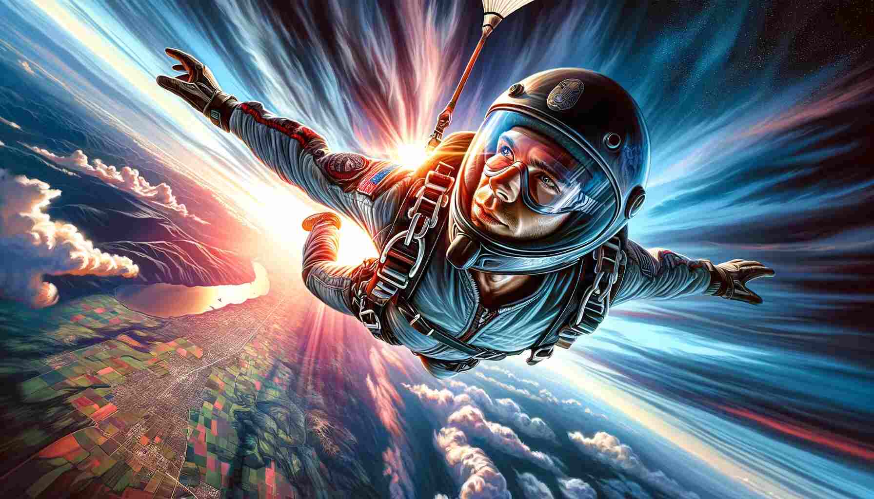 Skydiver in free fall, displaying a focused and exhilarated expression. They are wearing a detailed skydiving suit and helmet, with a partially deployed parachute visible. The background features a high-altitude view of the sky blending into the horizon, with the earth far below.