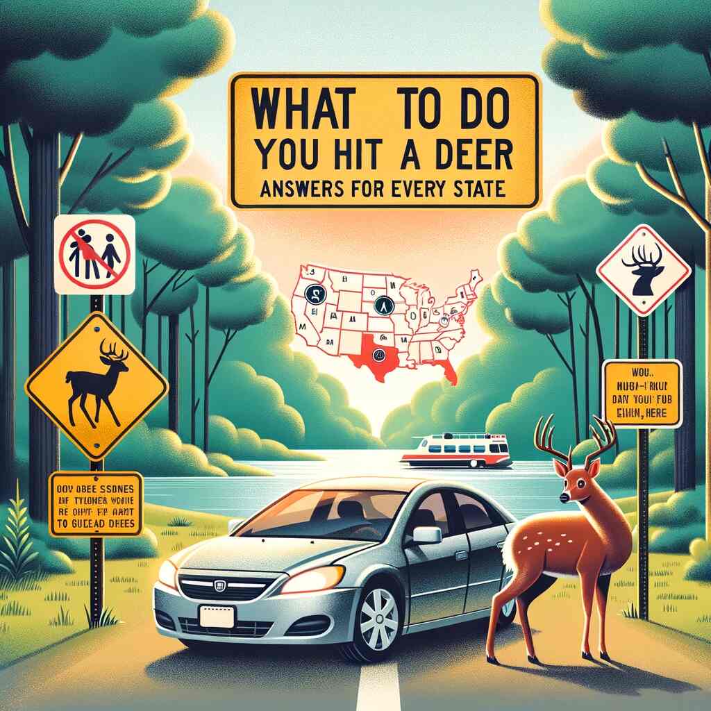 The image depicts an informative and engaging feature for an article titled 'What to Do if You Hit a Deer: Answers for Every State.' It features a road sign cautioning against deer crossings, a map of the United States with various icons indicating state-specific advice, and a car with a slight dent on the front, indicating a collision. The background showcases a serene forest landscape with a deer looking out safely from the woods, emphasizing the importance of wildlife awareness and safety on the road.