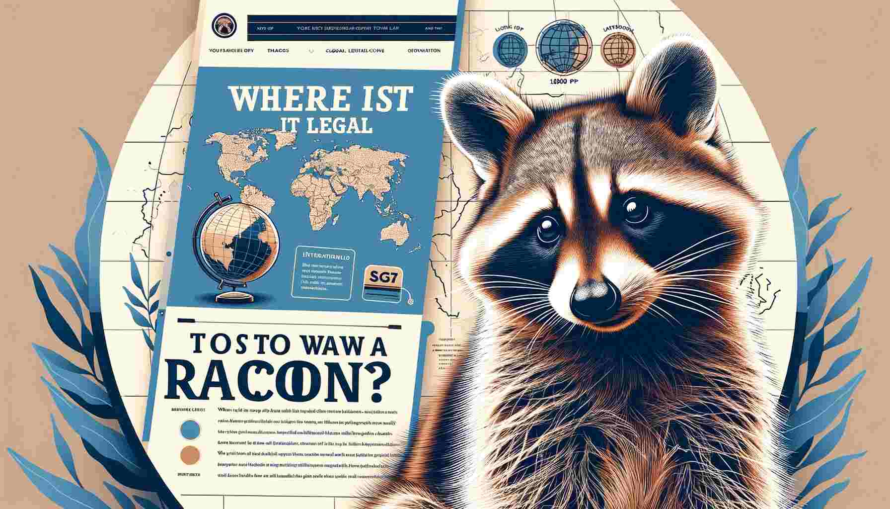 The image features a stylized graphic design as a featured image for an article. At the top, it reads "Where is it Legal to Own a Raccoon?" in a decorative font. Below the title is a detailed illustration of a raccoon's face, with its distinctive black mask and ringed tail. The background consists of a faded blue world map and some abstract design elements, suggesting a global context for the article's topic. To the left, there's a partial image of a globe on a stand, reinforcing the international angle of the content.