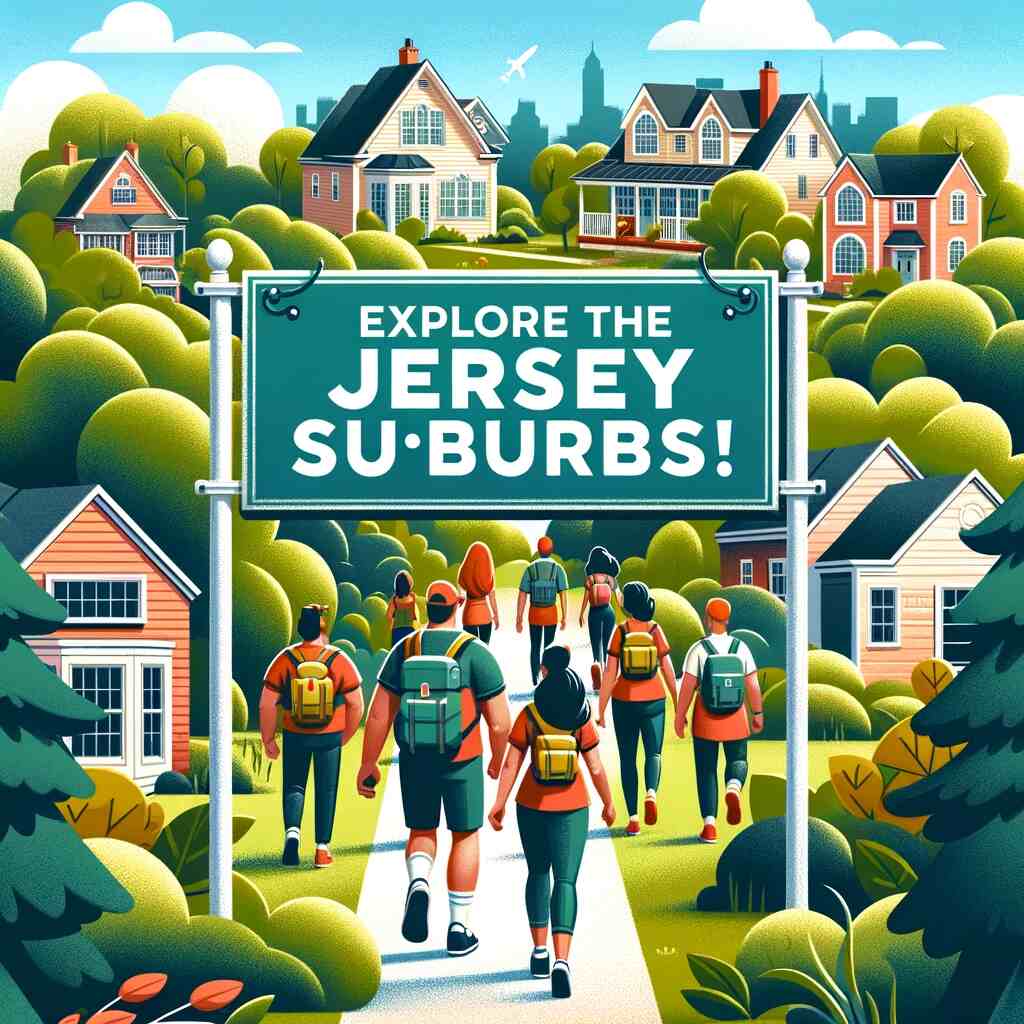 Here's the feature image depicting the concept of hiking through the Jersey suburbs. It shows a diverse group of hikers on a picturesque suburban trail, surrounded by typical Jersey houses, lush greenery, and a clear sky, with a sign encouraging exploration.