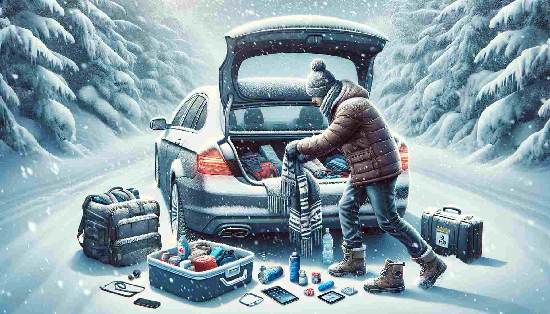 Image showing a person removing items from their snow-covered car in a winter setting. The car is parked in a snowy environment, with snowflakes falling around. The individual, dressed in winter clothing, is taking out a water bottle, blanket, and electronics from the trunk. In the background, there are snow-covered trees under a grey, overcast sky.