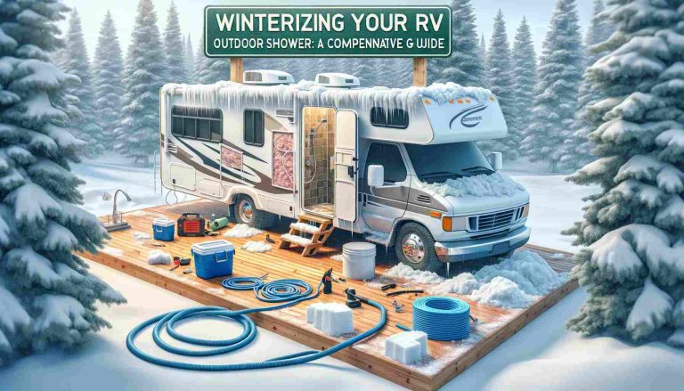 Here is the featured image for "Winterizing Your RV Outdoor Shower: A Comprehensive Guide." It shows an RV in a snowy landscape with the outdoor shower partially visible, surrounded by insulation materials and tools, indicating the winterizing process. The guide's title is displayed prominently at the top in a clear font.