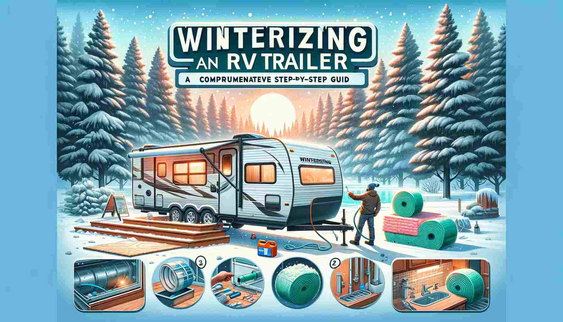 An RV trailer in a snowy landscape, being winterized. A person is shown wrapping pipes, installing thermal window covers, and adding antifreeze. The background features snow-covered trees, and the image has an overlay text: 'Winterizing an RV Trailer: A Comprehensive Step-By-Step Guide'.