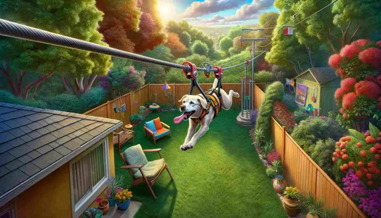 Colorful backyard scene featuring a zipline designed for dogs. A happy dog in a secure harness is gliding along the zipline amidst green grass, blooming flowers, and trees. The atmosphere is fun and adventurous, highlighting the joy and safety of the dog's unique outdoor experience.