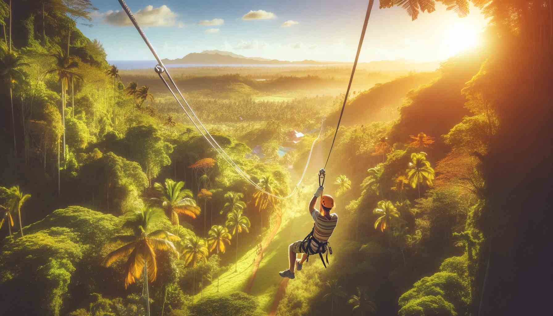 The author of this article ziplining over lush tropical forest in Punta Cana, with clear blue skies and distant mountains in the background, highlighting the excitement and beauty of the adventure.