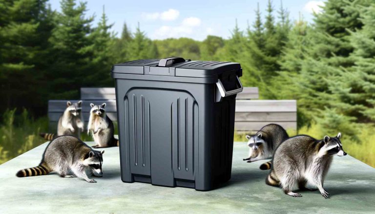 Modern, raccoon-proof garbage can with secure locking mechanism, surrounded by curious raccoons unable to open it, set against a natural outdoor backdrop, illustrating the can's effectiveness in deterring wildlife.