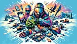 Vibrant composition featuring a helmet, goggles, gloves, jacket, and GPS on a snowy backdrop, capturing the thrill of snowmobiling with a touch of image call.