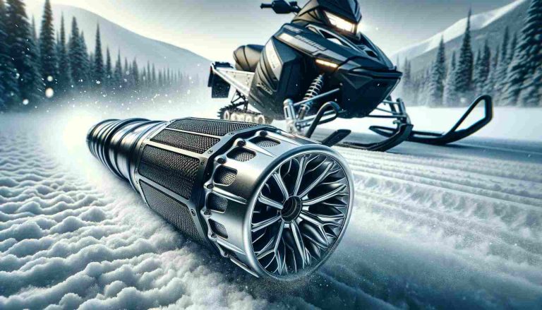 High-performance snowmobile with a detailed, cutting-edge exhaust pipe prominently featured in the foreground, signifying efficiency and technology. The dynamic, action-packed background showcases a wintery, expansive wilderness landscape, highlighting the thrill of snowmobiling and capturing a blur that conveys speed and motion, evoking the joint experience of adventure and modern drive.